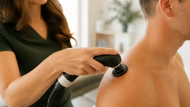 Shockwave therapy applied to a patient's shoulder